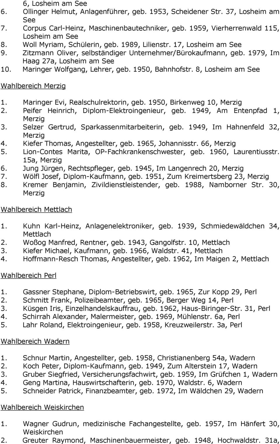 1950, Bahnhofstr. 8, Losheim Wahlbereich 1. Maringer Evi, Realschulrektorin, geb. 1950, Birkenweg 10, 2. Peifer Heinrich, Diplom-Elektroingenieur, geb. 1949, Am Entenpfad 1, 3.