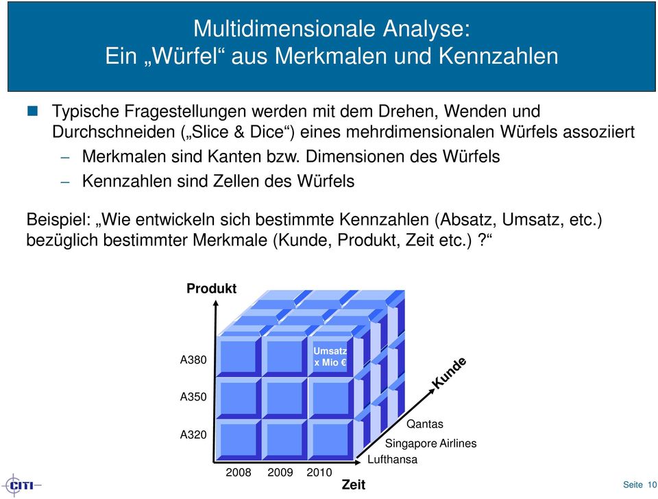 Dimensionen des Würfels Kennzahlen sind Zellen des Würfels Beispiel: Wie entwickeln sich bestimmte Kennzahlen (Absatz, Umsatz,