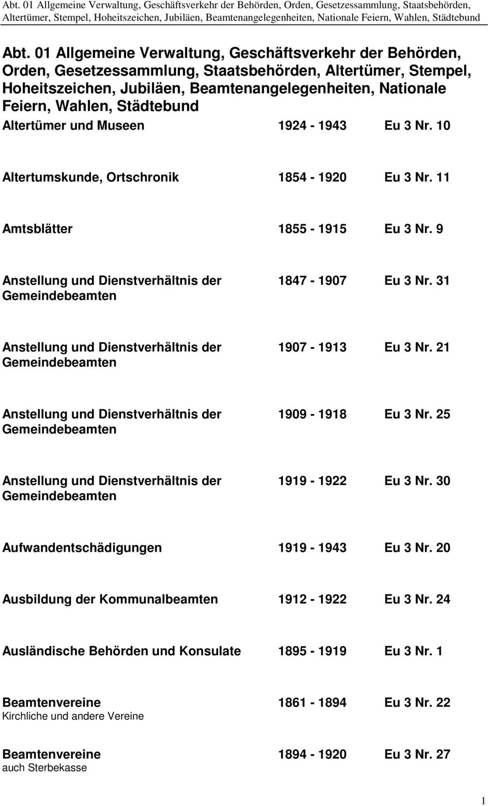 9 Anstellung und Dienstverhältnis der Gemeindebeamten 1847-1907 Eu 3 Nr. 31 Anstellung und Dienstverhältnis der Gemeindebeamten 1907-1913 Eu 3 Nr.