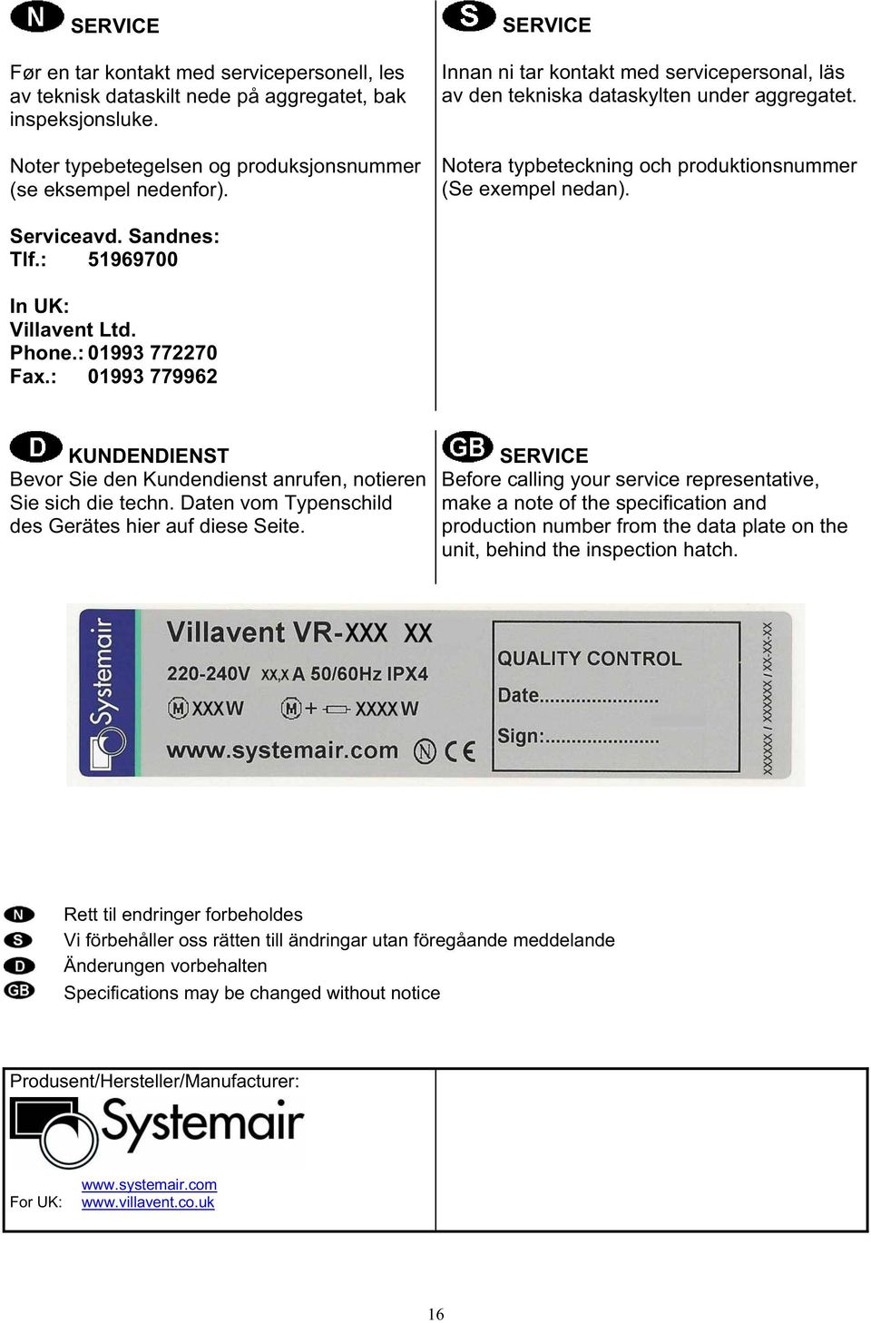 : 51969700 In UK: Villavent Ltd. Phone.: 01993 772270 Fax.: 01993 779962 KUNDENDIENST Bevor Sie den Kundendienst anrufen, notieren Sie sich die techn.