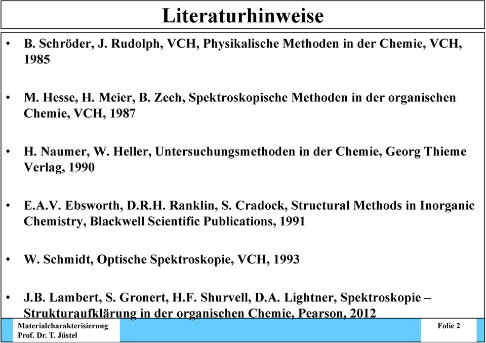 Heller, Untersuchungsmethoden in der Chemie, Georg Thieme Verlag, 1990 E.A.V. Ebsworth, D.R.H. Ranklin, S.