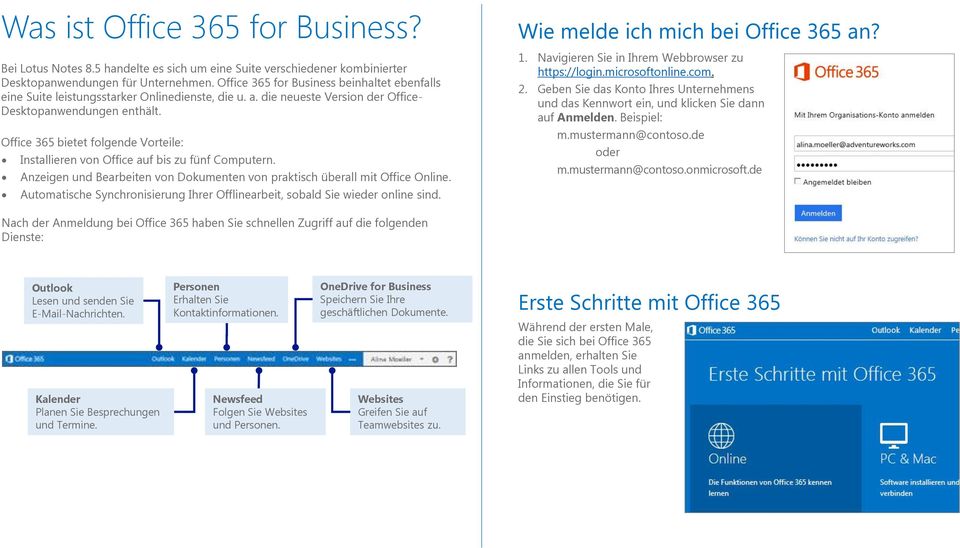 Office 365 bietet folgende Vorteile: Installieren von Office auf bis zu fünf Computern. Anzeigen und Bearbeiten von Dokumenten von praktisch überall mit Office Online.