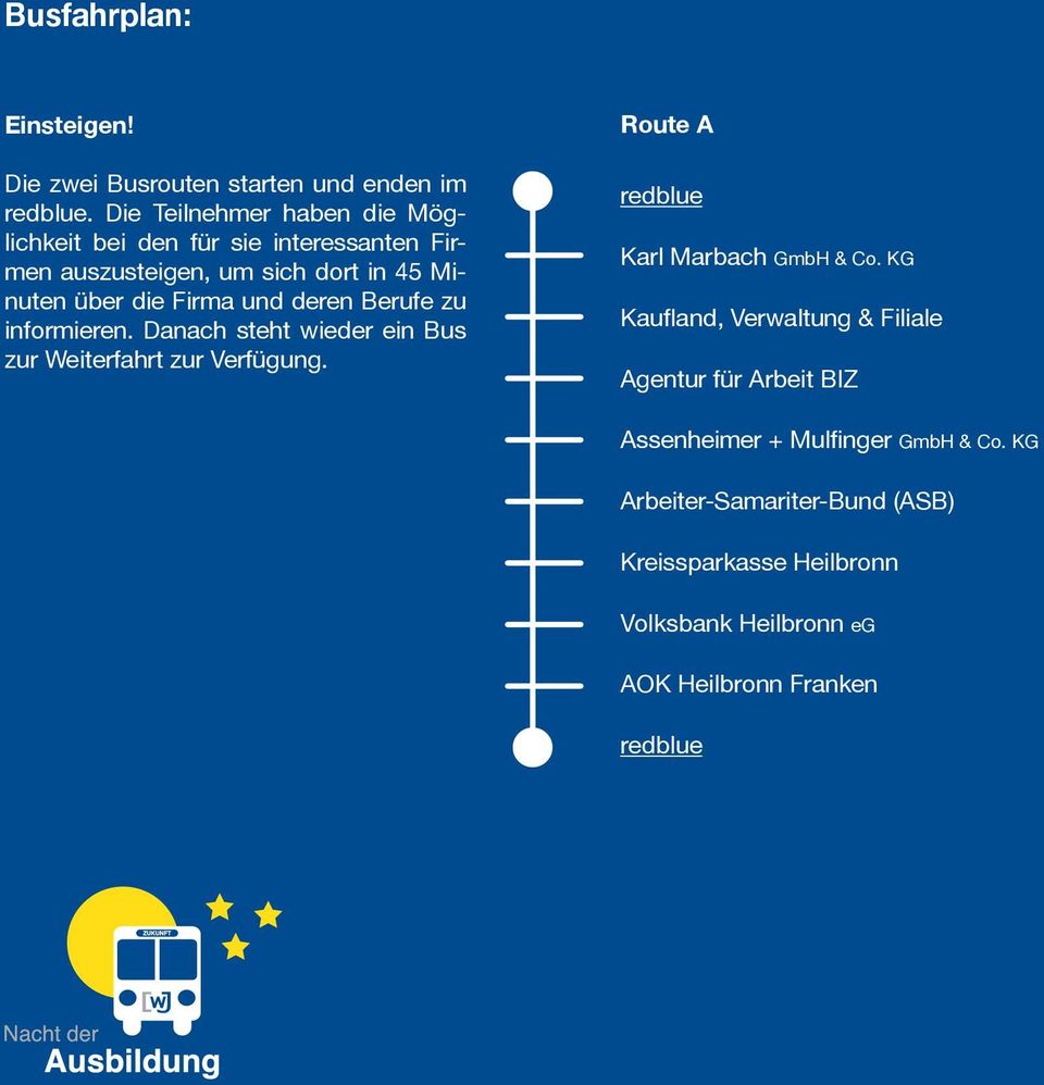 deren Berufe zu informieren. Danach steht wieder ein Bus zur Weiterfahrt zur Verfügung. Route A redblue Karl Marbach GmbH & Co.