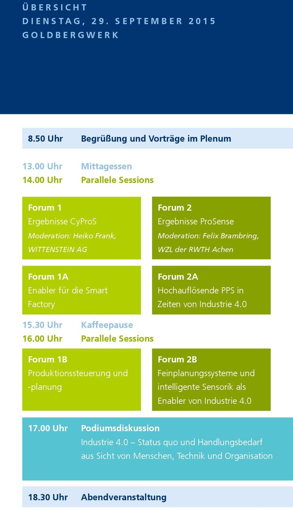 Enabler für die Smart Factory Forum 2A Hochauflösende PPS in Zeiten von Industrie 4.0 15.30 Uhr Kaffeepause 16.