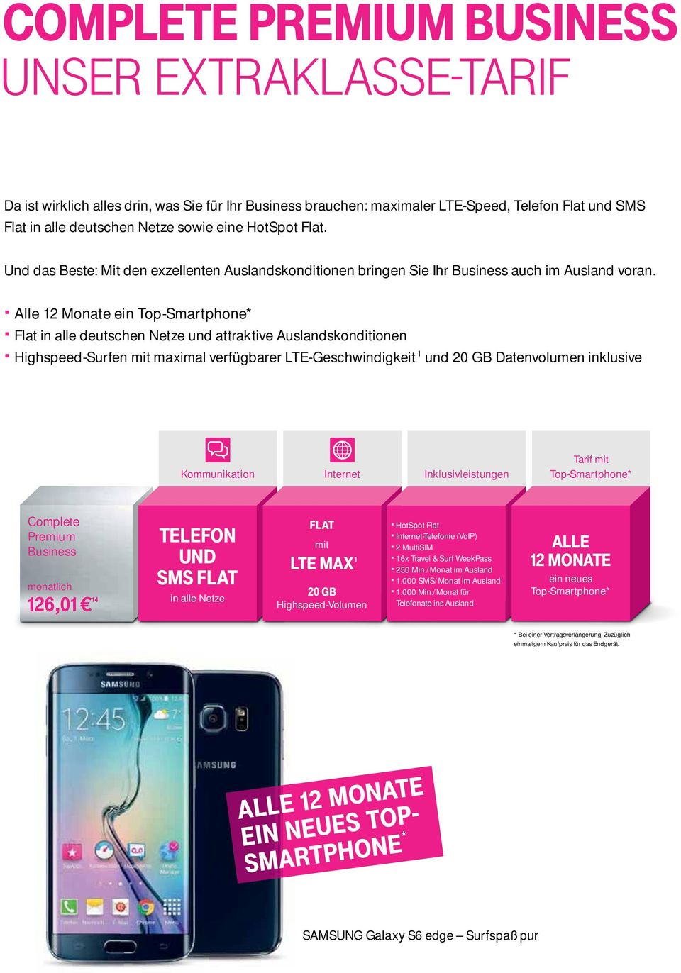 Alle 12 Monate ein Top-Smartphone* Flat in alle deutschen Netze und attraktive Auslandskonditionen Highspeed-Surfen mit maximal verfügbarer LTE-Geschwindigkeit 1 und 20 GB Datenvolumen inklusive