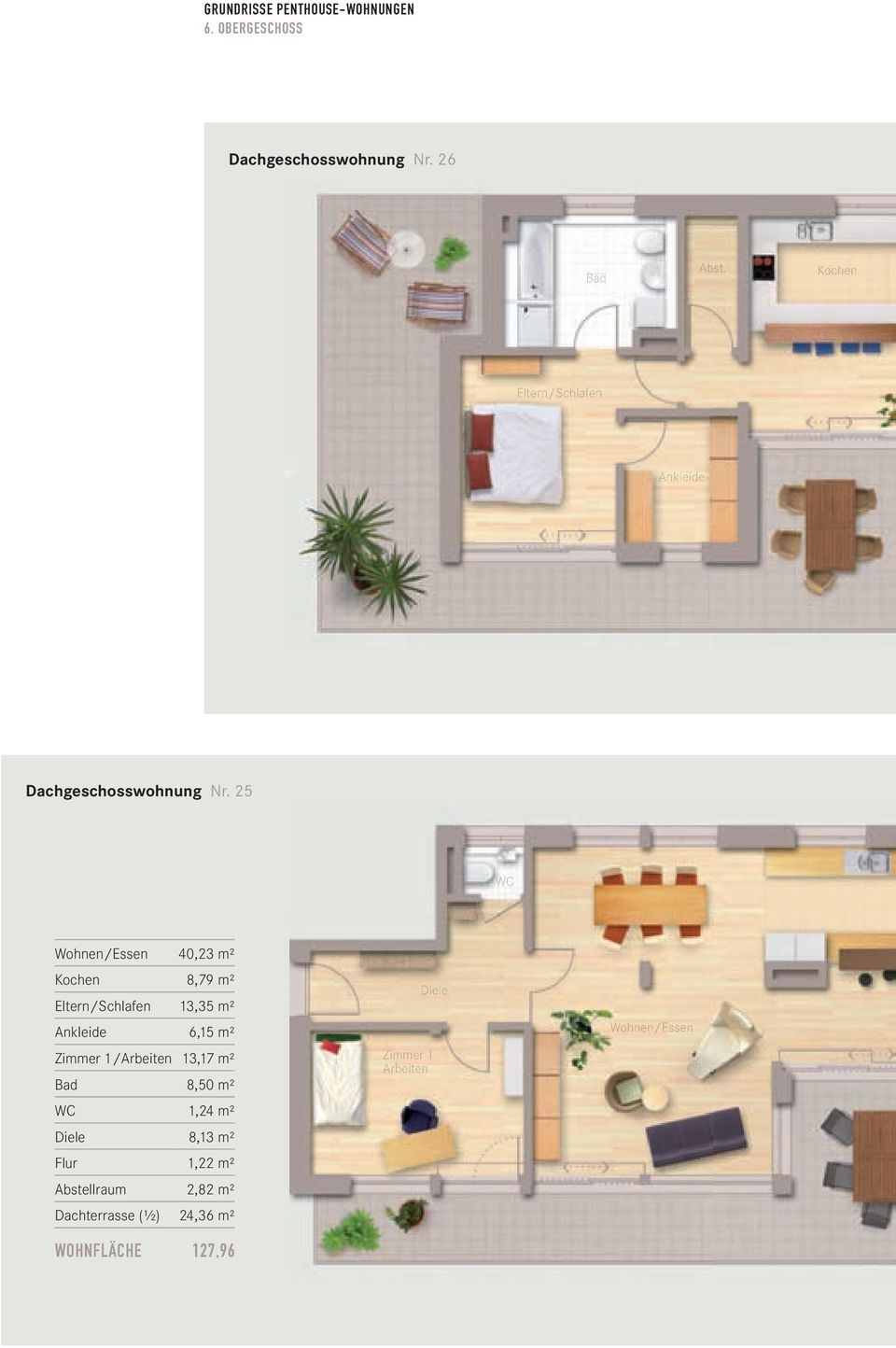 25 WC Wohnen/Essen 40,23 m² Kochen 8,79 m² Eltern/Schlafen 13,35 m² Ankleide 6,15 m² Zimmer