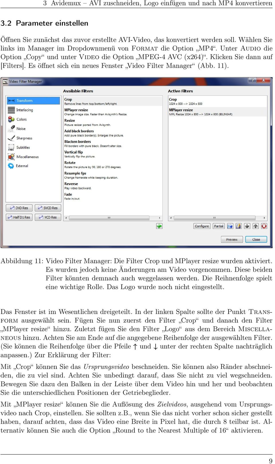 Es öffnet sich ein neues Fenster Video Filter Manager (Abb. 11). Abbildung 11: Video Filter Manager: Die Filter Crop und MPlayer resize wurden aktiviert.