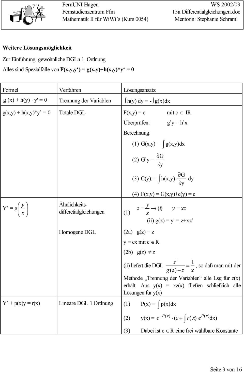 Ähnlichkeitsdifferetialgleichungen Homogene DGL Überprüfen: Berechnung: (1) g = h (1) G(,) = g(,)d () G = (3) C():= G G h(,)- d (4) F(,) = G(,)+c() = c z = () i = z (ii) g(z) = ' = z+z' (a) g(z) = z