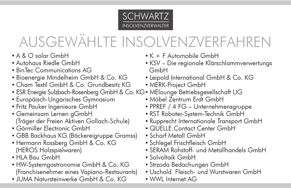 KG Europäisch-Ungarisches Gymnasium Fritz Pauker Ingenieure GmbH Gemeinsam Lernen ggmbh (Träger der Freien Aktiven Gollach-Schule) Görmiller Electronic GmbH GBB Backhaus KG (Bäckereigruppe Gramss)