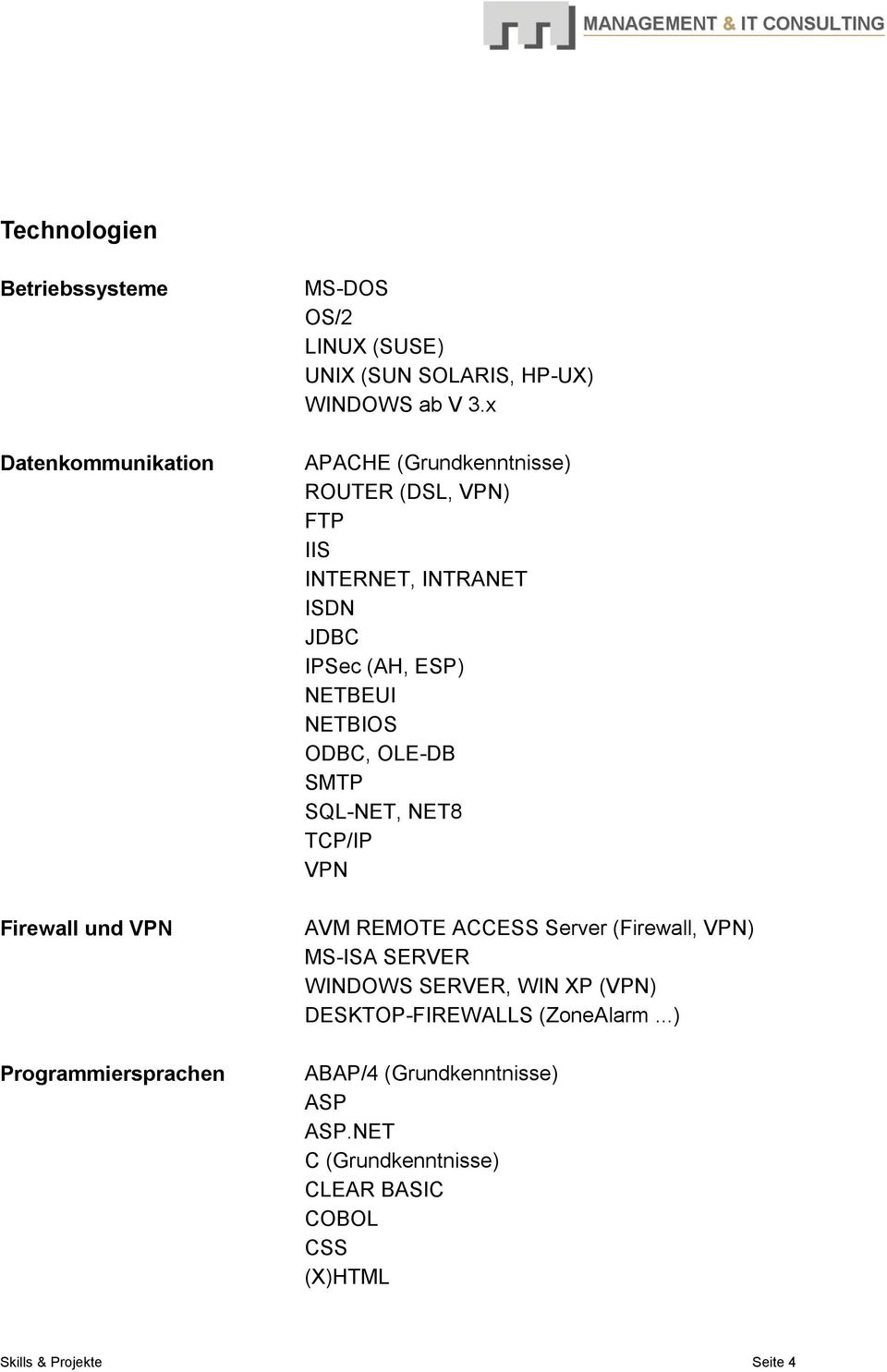 x APACHE (Grundkenntnisse) ROUTER (DSL, VPN) FTP IIS INTERNET, INTRANET ISDN JDBC IPSec (AH, ESP) NETBEUI NETBIOS ODBC, OLE-DB SMTP