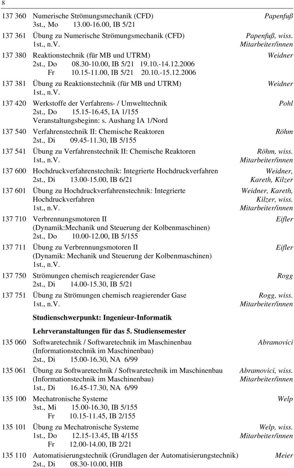 45, IA 1/155 Veranstaltungsbeginn: s. Aushang IA 1/Nord 137 540 Verfahrenstechnik II: Chemische Reaktoren 2st., Di 09.45-11.