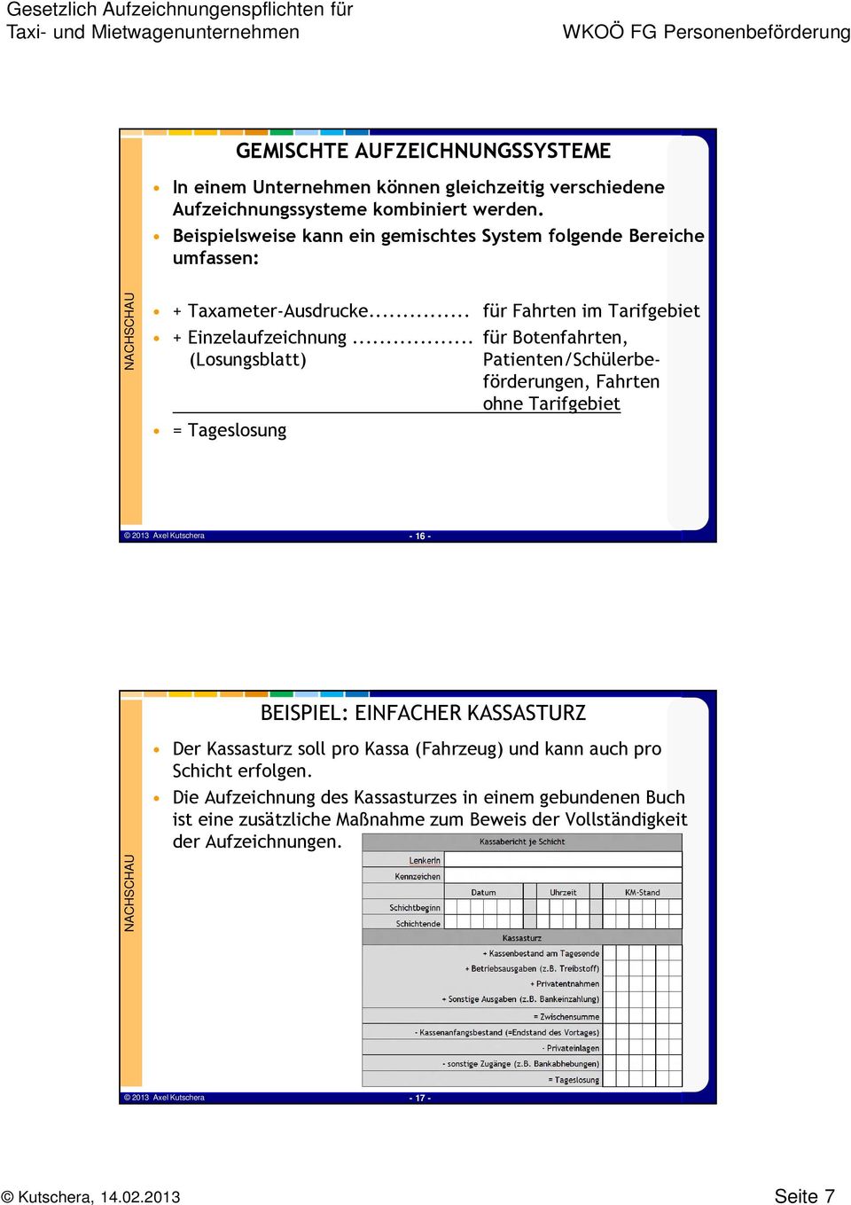 .. für Botenfahrten, (Losungsblatt) Patienten/Schülerbeförderungen, Fahrten ohne Tarifgebiet = Tageslosung 2013 Axel Kutschera - 16 - BEISPIEL: EINFACHER KASSASTURZ NACHSCHAU Der