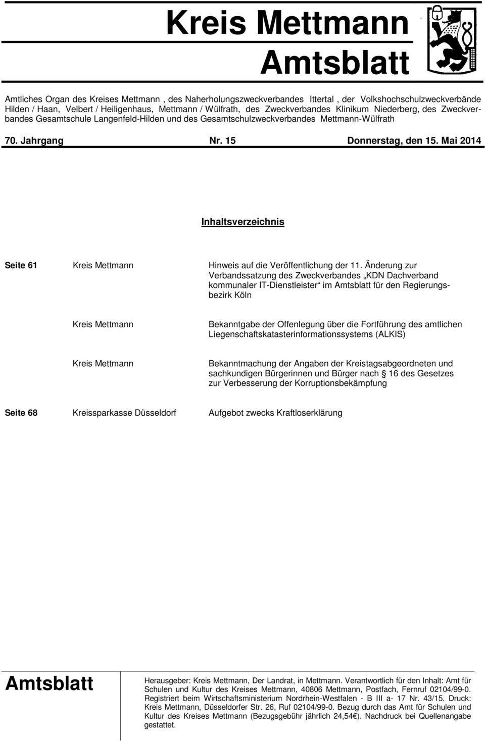 Mai 2014 Inhaltsverzeichnis Seite 61 Hinweis auf die Veröffentlichung der 11.