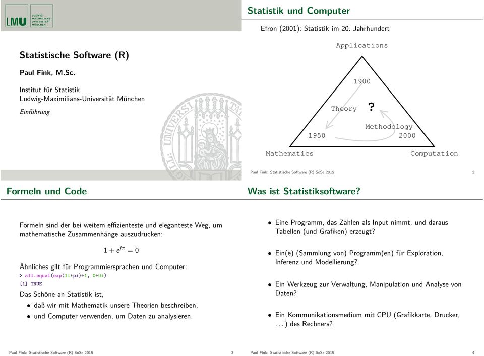 Methodology 1950 2000 Mathematics Computation Paul Fink: Statistische Software (R) SoSe 2015 2 Formeln und Code Was ist Statistiksoftware?