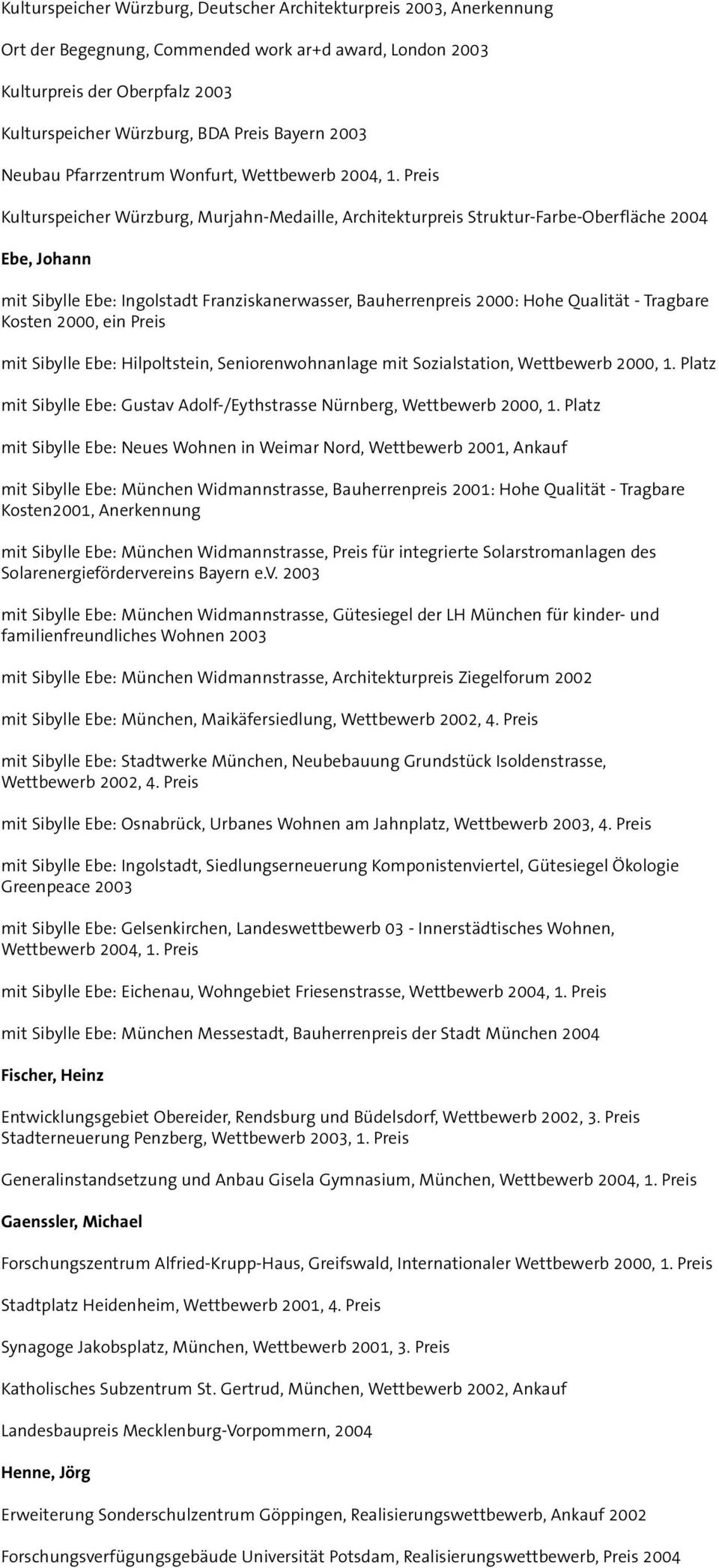 Preis Kulturspeicher Würzburg, Murjahn-Medaille, Architekturpreis Struktur-Farbe-Oberfläche 2004 Ebe, Johann mit Sibylle Ebe: Ingolstadt Franziskanerwasser, Bauherrenpreis 2000: Hohe Qualität -