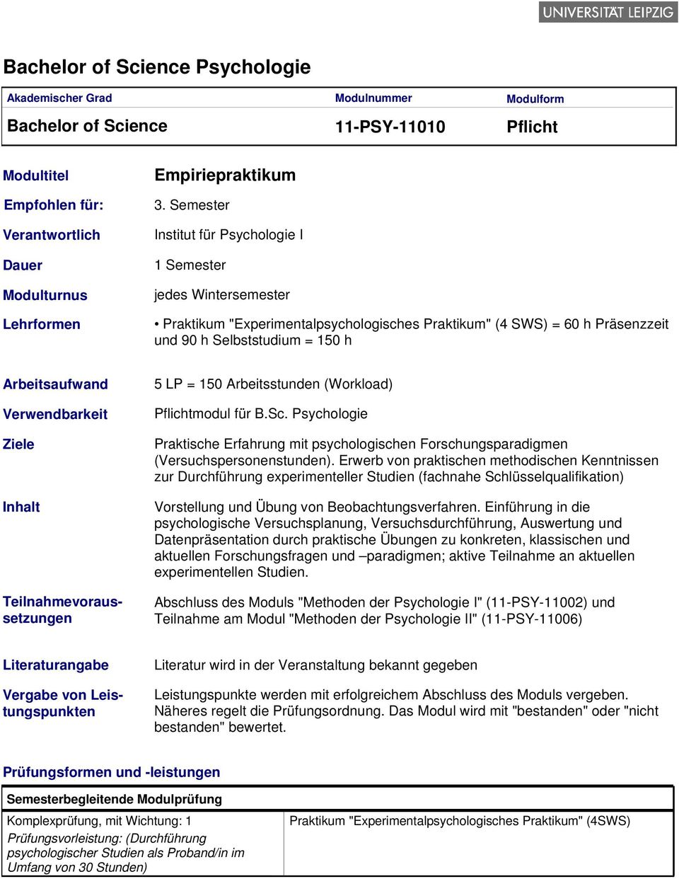(Workload) modul für B.Sc. Psychologie Praktische Erfahrung mit psychologischen Forschungsparadigmen (Versuchspersonenstunden).