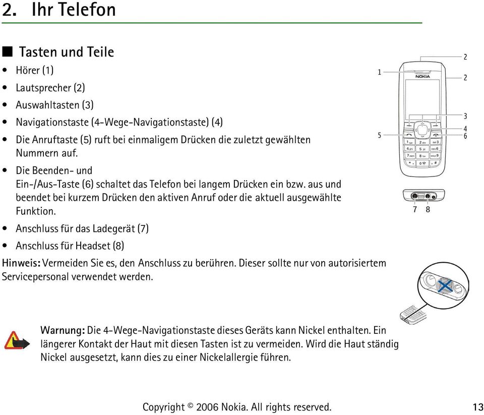 Anschluss für das Ladegerät (7) Anschluss für Headset (8) Hinweis: Vermeiden Sie es, den Anschluss zu berühren. Dieser sollte nur von autorisiertem Servicepersonal verwendet werden.