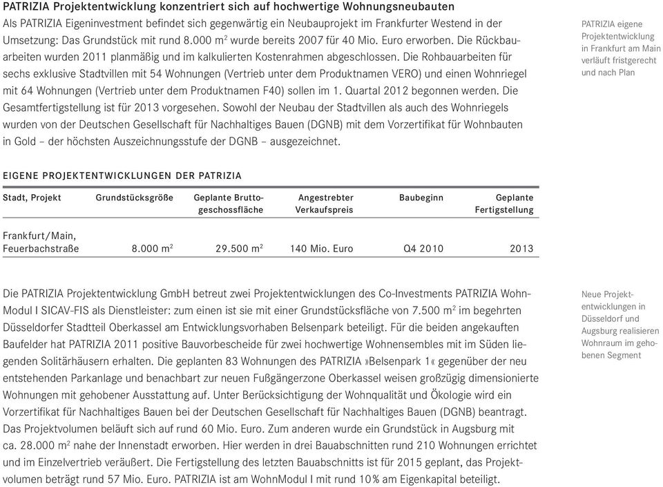 Eigeninvestment befi ndet sich gegenwärtig ein Neubauprojekt im Frankfurter Westend in der Um setzung: Das Grundstück mit rund 8.000 m 2 wurde bereits 2007 für 40 Mio. Euro erworben.