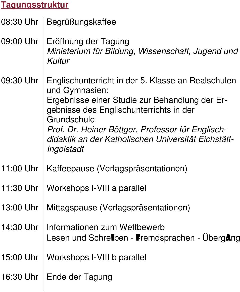 Heiner Böttger, Professor für Englischdidaktik an der Katholischen Universität Eichstätt- Ingolstadt 11:00 Uhr Kaffeepause (Verlagspräsentationen) 11:30 Uhr Workshops I-VIII