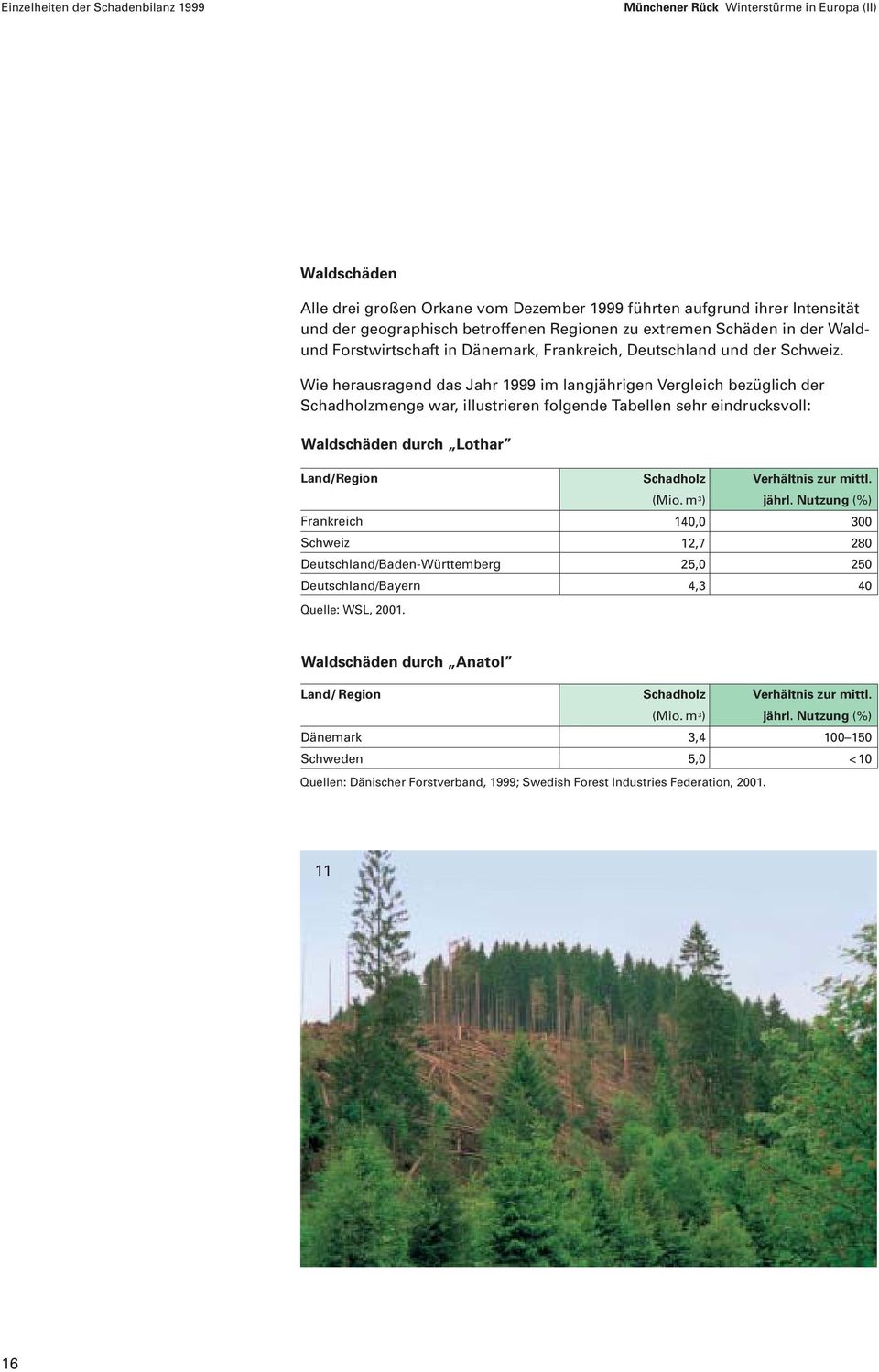 Wie herausragend das Jahr 1999 im langjährigen Vergleich bezüglich der Schadholzmenge war, illustrieren folgende Tabellen sehr eindrucksvoll: Waldschäden durch Lothar Land/Region Frankreich Schweiz