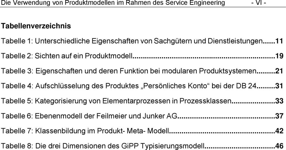 ..21 Tabelle 4: Aufschlüsselung des Produktes Persönliches Konto bei der DB 24...31 Tabelle 5: Kategorisierung von Elementarprozessen in Prozessklassen.