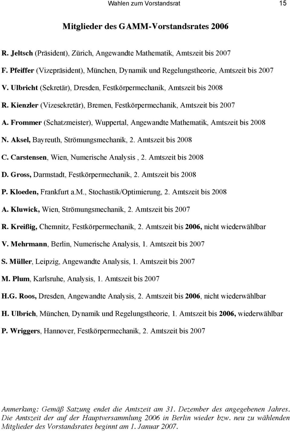Kienzler (Vizesekretär), Bremen, Festkörpermechanik, Amtszeit bis 2007 A. Frommer (Schatzmeister), Wuppertal, Angewandte Mathematik, Amtszeit bis 2008 N. Aksel, Bayreuth, Strömungsmechanik, 2.