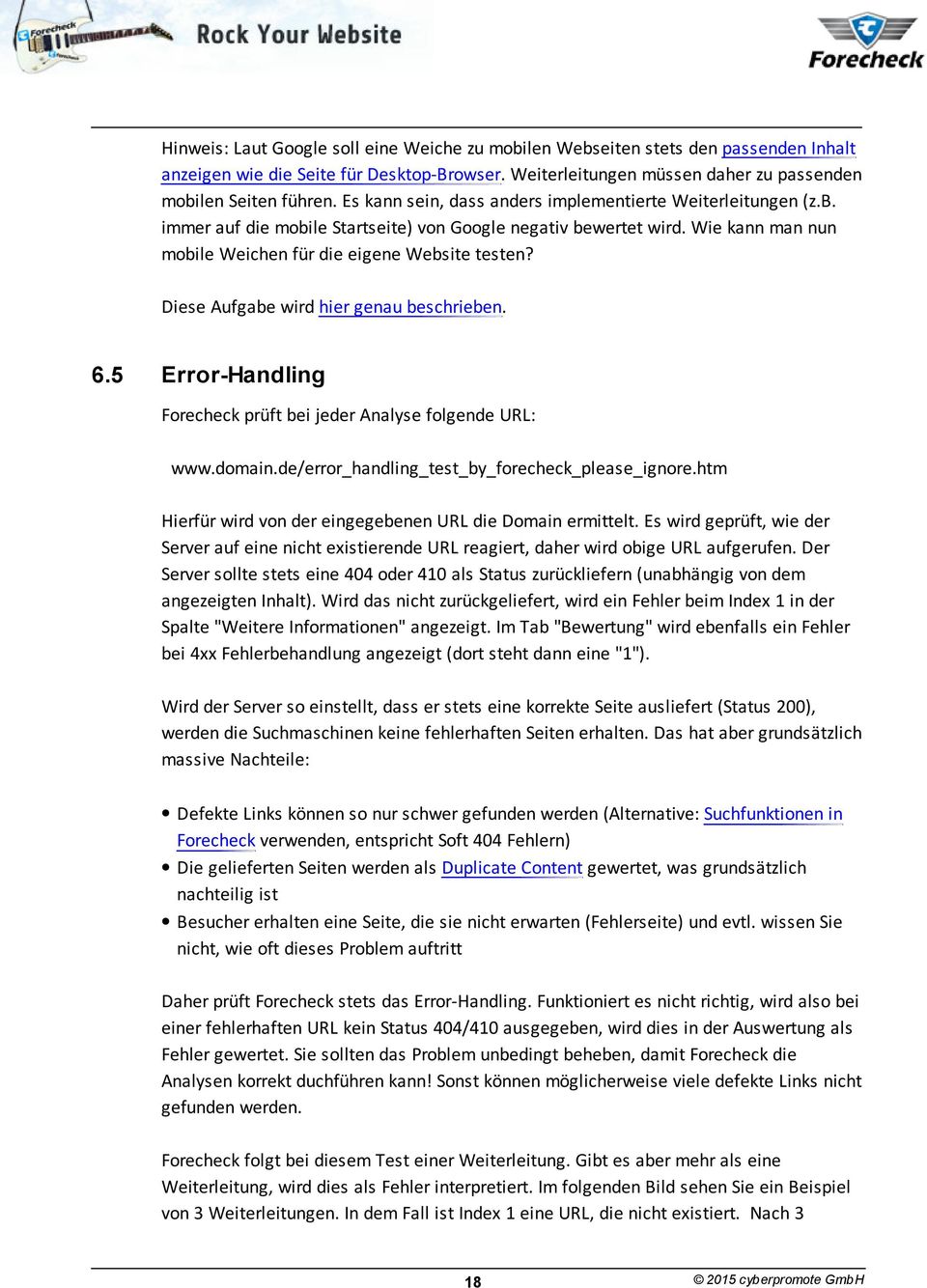 Diese Aufgabe wird hier genau beschrieben. 6.5 Error-Handling Forecheck prüft bei jeder Analyse folgende URL: www.domain.de/error_handling_test_by_forecheck_please_ignore.