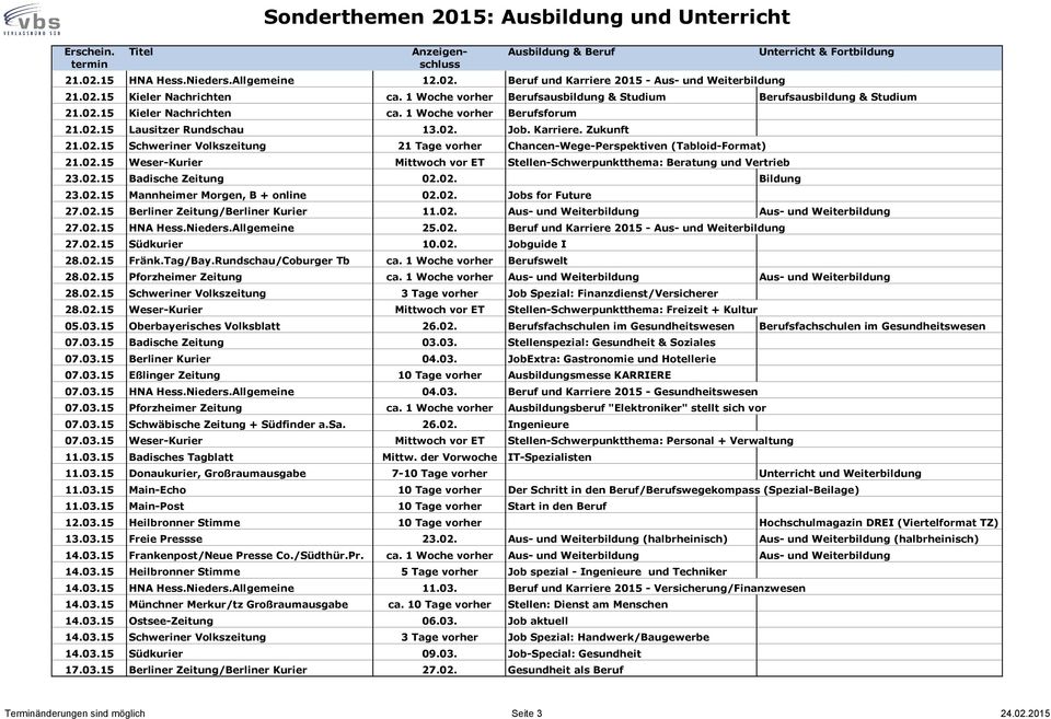 02.15 Badische Zeitung 02.02. Bildung 23.02.15 Mannheimer Morgen, B + online 02.02. Jobs for Future 27.02.15 Berliner Zeitung/Berliner Kurier 11.02. Aus- und Weiterbildung Aus- und Weiterbildung 27.