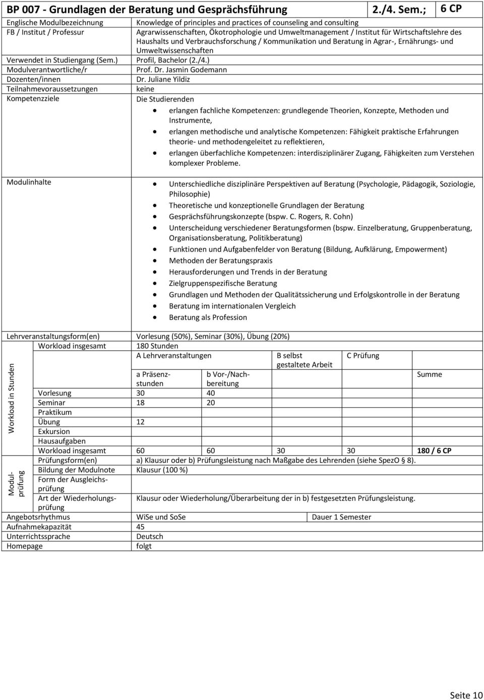 Haushalts und Verbrauchsforschung / Kommunikation und Beratung in Agrar-, Ernährungs- und Umweltwissenschaften Verwendet in Studiengang (Sem.) Profil, Bachelor (2./4.) Prof. Dr. Jasmin Godemann Dr.