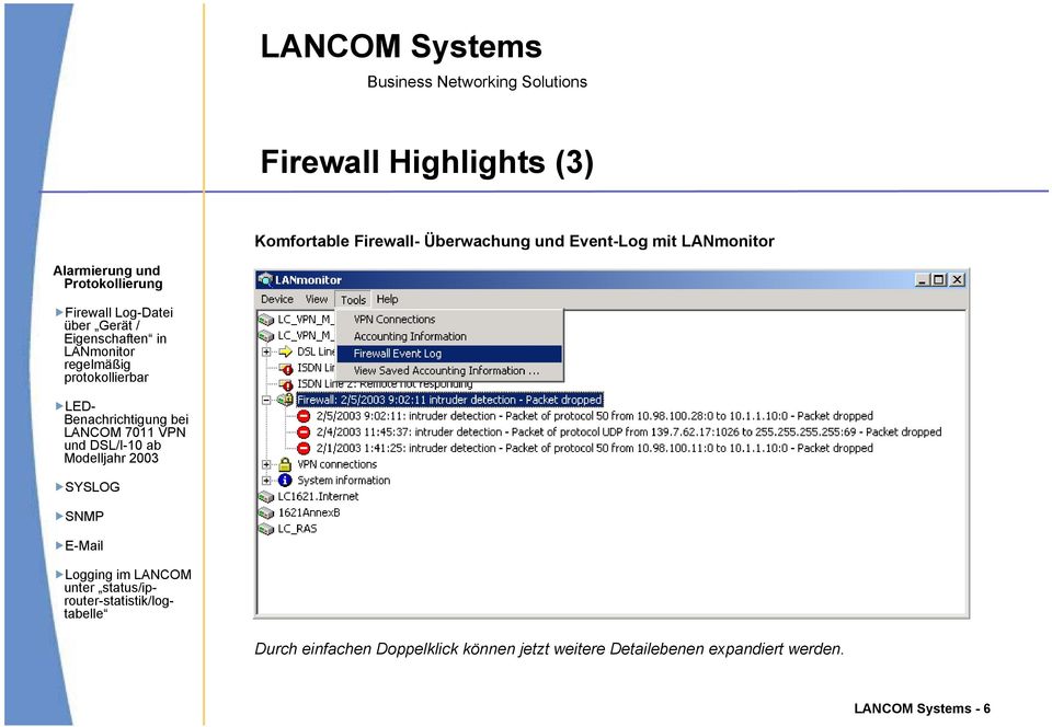Benachrichtigung bei LANCOM 7011 VPN und DSL/I-10 ab Modelljahr 2003 SYSLOG SNMP E-Mail Logging im LANCOM unter