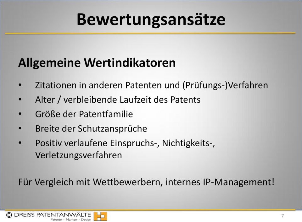 Patentfamilie Breite der Schutzansprüche Positiv verlaufene Einspruchs-,