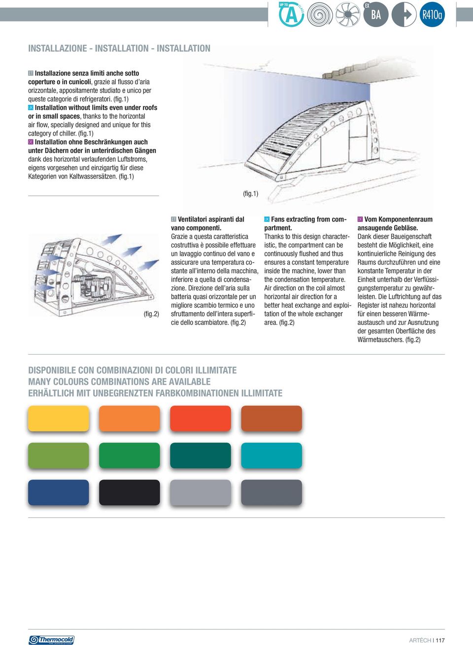 1) Installation without limits even under roofs or in small spaces, thanks to the horizontal air flow, specially designed and unique for this category of chiller. (fig.