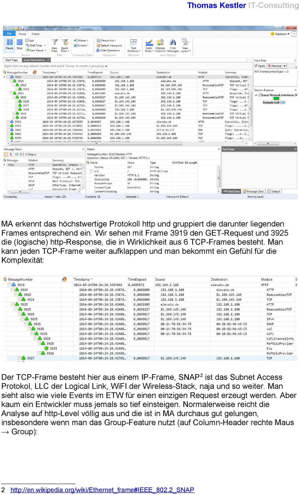 Man kann jeden TCP-Frame weiter aufklappen und man bekommt ein Gefühl für die Komplexität: Der TCP-Frame besteht hier aus einem IP-Frame, SNAP 2 ist das Subnet Access Protokol, LLC der Logical Link,