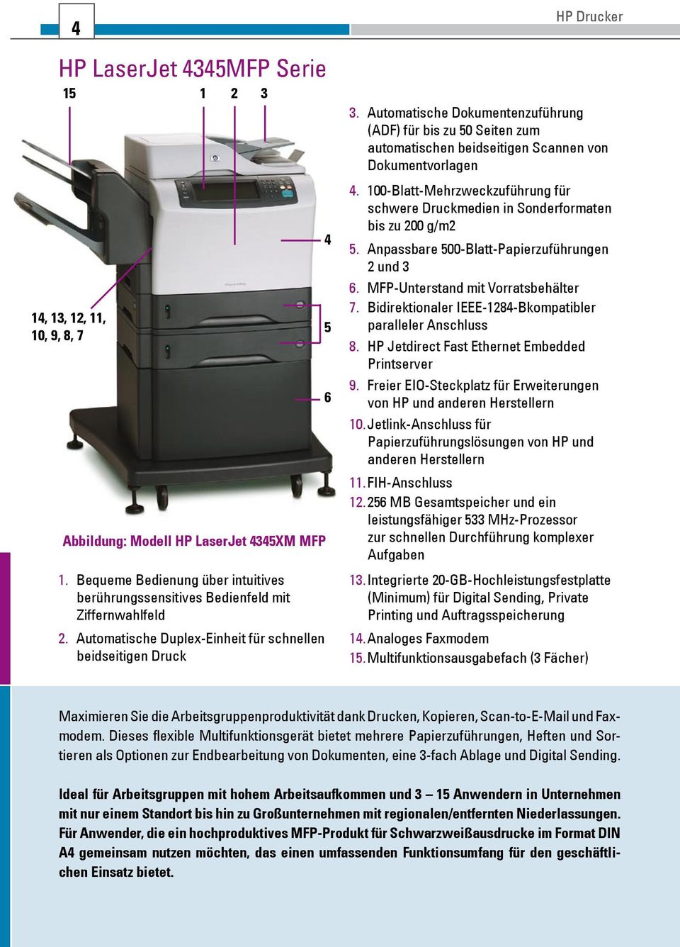 HP Drucker Automatische Dokumentenzuführung (ADF) für bis zu 50 Seiten zum automatischen beidseitigen Scannen von Dokumentvorlagen 100-Blatt-Mehrzweckzuführung für schwere Druckmedien in