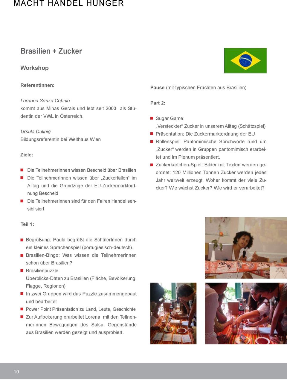 EU-Zuckermarktordnung Bescheid Die TeilnehmerInnen sind für den Fairen Handel sensiblisiert Pause (mit typischen Früchten aus Brasilien) Part 2: Sugar Game: Versteckter Zucker in unserem Alltag