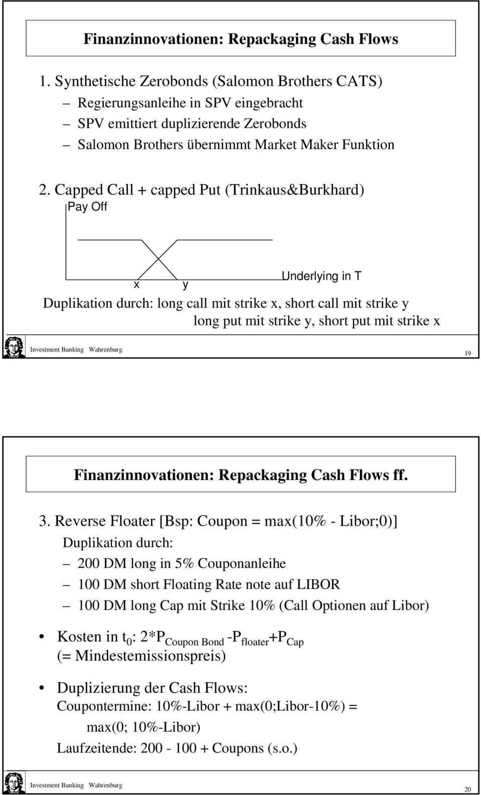 Capped Call + capped Put (Trinkaus&Burkhard) Pay Off x y Underlying in T Duplikation durch: long call mit strike x, short call mit strike y long put mit strike y, short put mit strike x 19