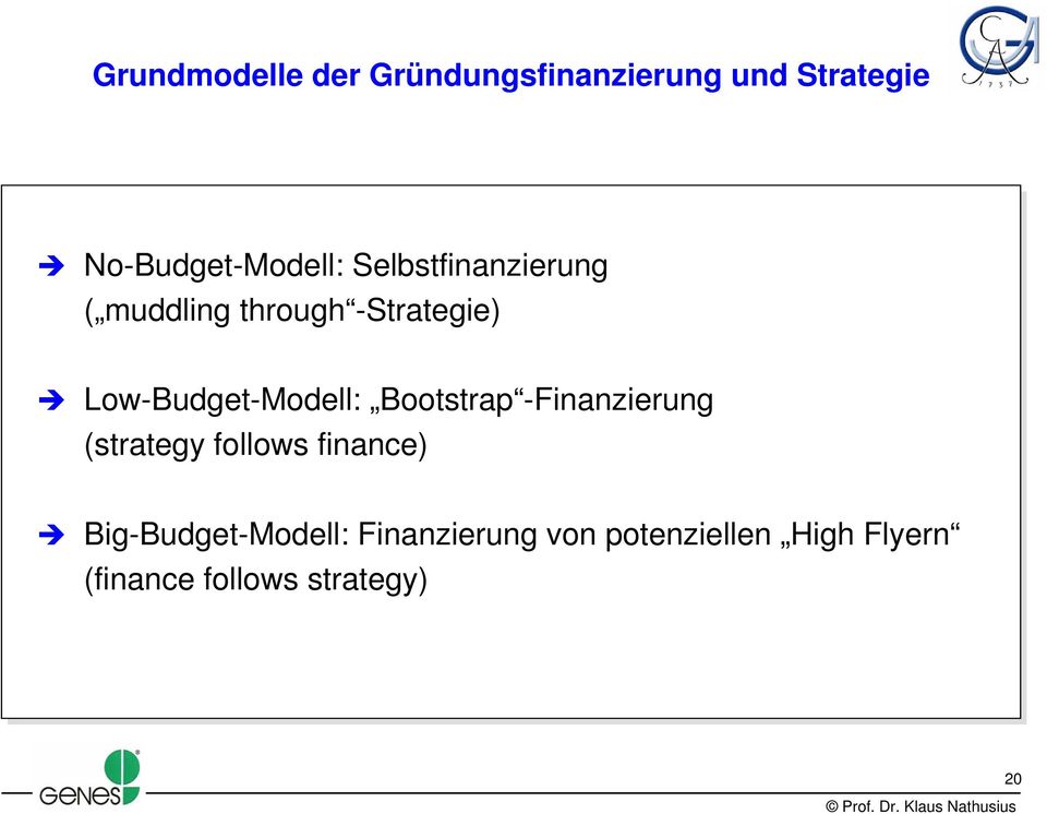 Bootstrap -Finanzierung (strategy follows finance) Big-Budget-Modell: