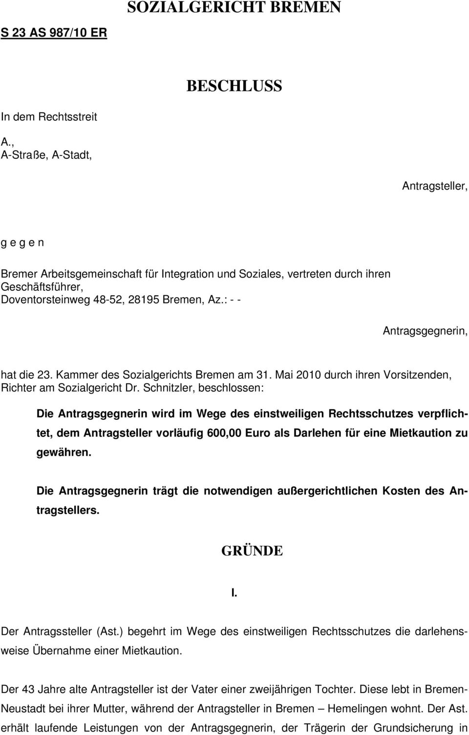 : - - Antragsgegnerin, hat die 23. Kammer des Sozialgerichts Bremen am 31. Mai 2010 durch ihren Vorsitzenden, Richter am Sozialgericht Dr.