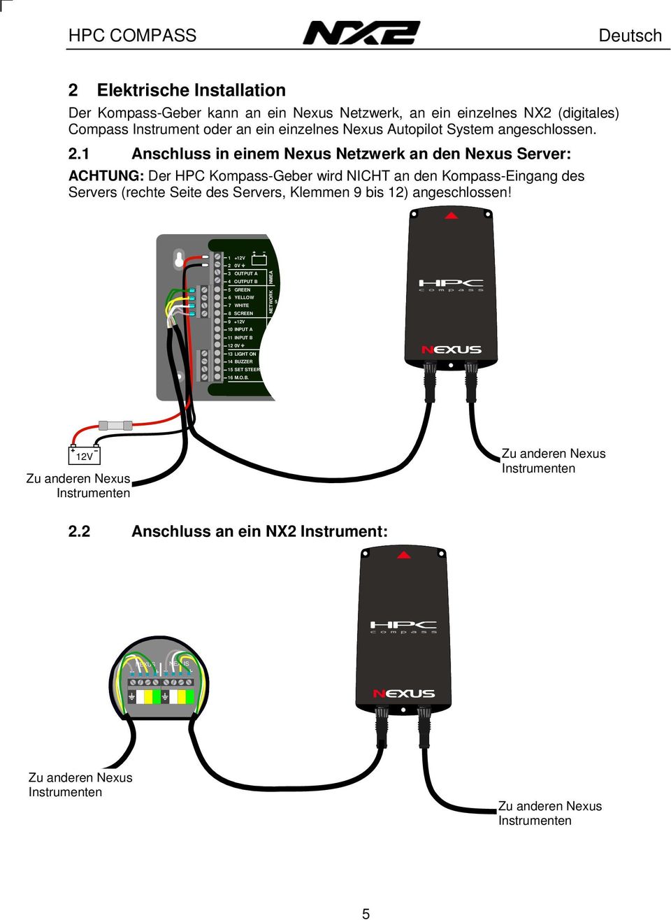 1 Anschluss in einem Nexus Netzwerk an den Nexus Server: ACHTUNG: Der HPC Kompass-Geber wird NICHT an den Kompass-Eingang des Servers (rechte Seite des Servers, Klemmen 9 bis 12)