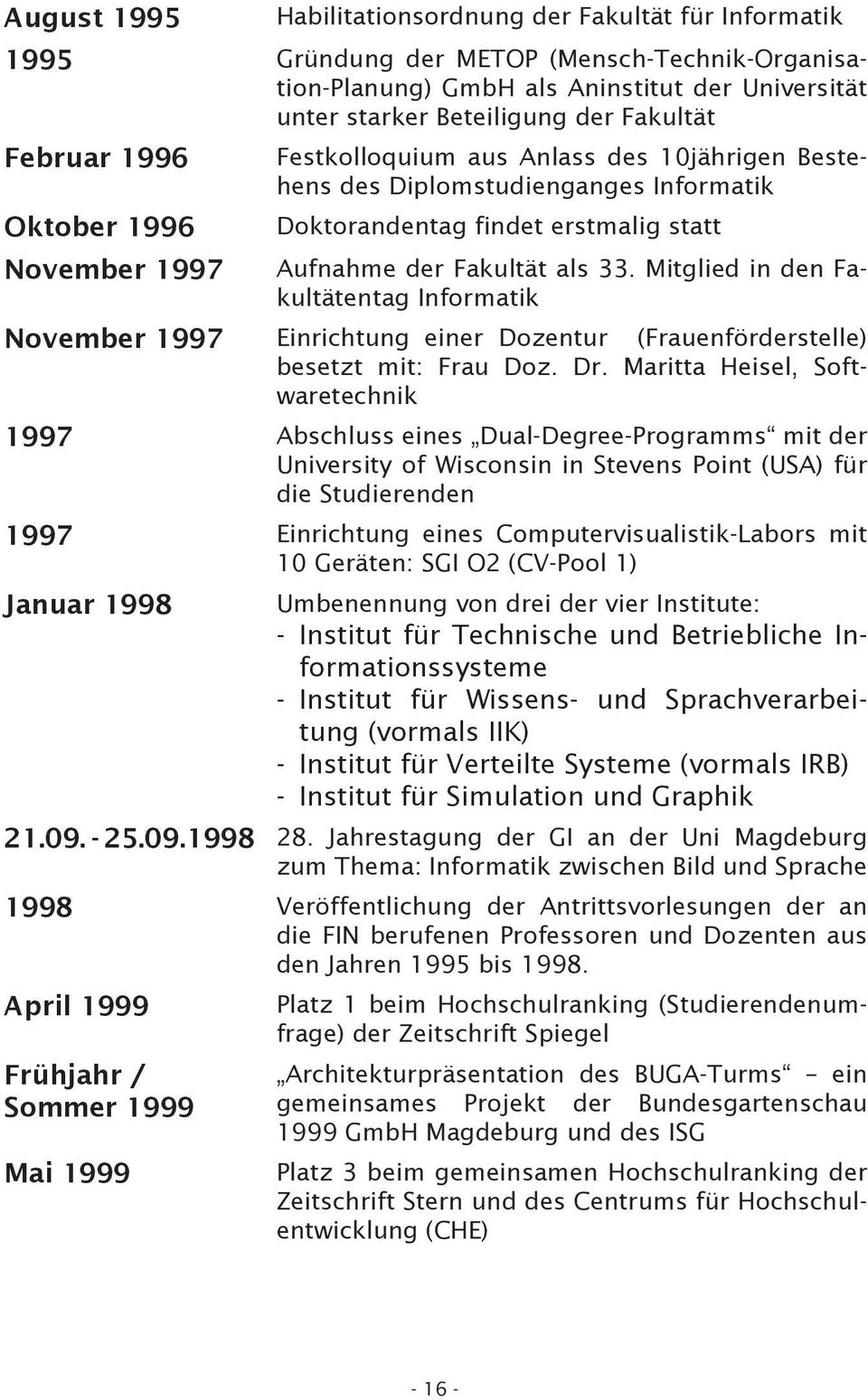 Mitglied in den Fakultätentag Informatik November 1997 Einrichtung einer Dozentur (Frauenförderstelle) besetzt mit: Frau Doz. Dr.