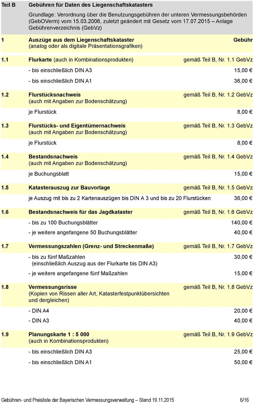 1.1 GebVz - bis einschließlich DIN A3 15,00 - bis einschließlich DIN A1 36,00 1.2 Flurstücksnachweis (auch mit Angaben zur Bodenschätzung) gemäß Teil B, Nr. 1.2 GebVz je Flurstück 8,00 1.