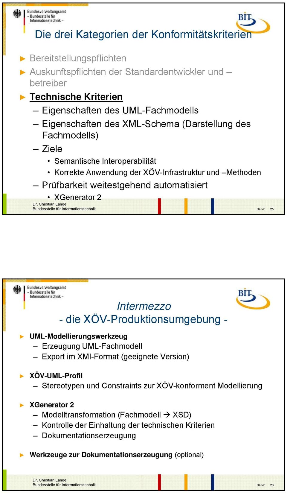 XGenerator 2 25 Intermezzo - die XÖV-Produktionsumgebung - UML-Modellierungswerkzeug Erzeugung g UML-Fachmodell Export im XMI-Format (geeignete Version) XÖV-UML-Profil Stereotypen und