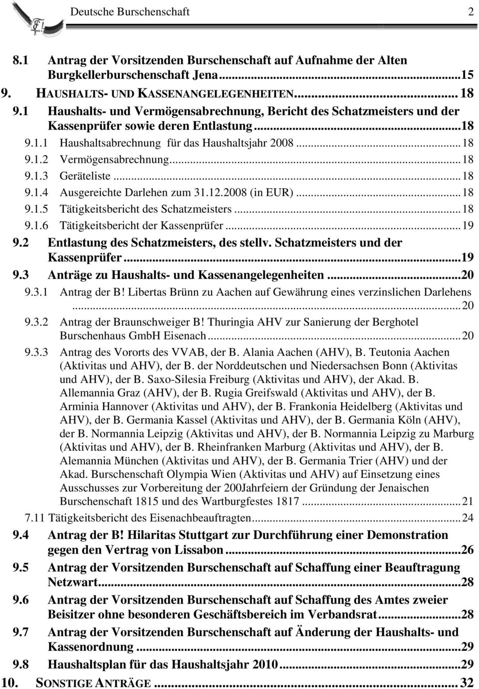 ..18 9.1.3 Geräteliste...18 9.1.4 Ausgereichte Darlehen zum 31.12.2008 (in EUR)...18 9.1.5 Tätigkeitsbericht des Schatzmeisters...18 9.1.6 Tätigkeitsbericht der Kassenprüfer...19 9.
