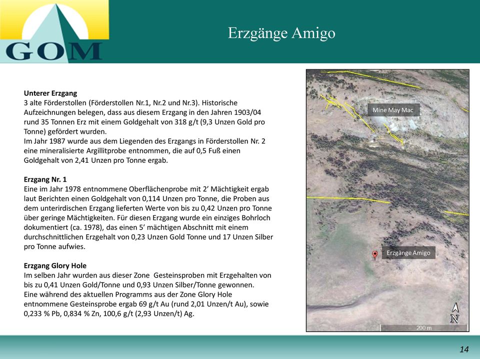 Im Jahr 1987 wurde aus dem Liegenden des Erzgangs in Förderstollen Nr. 2 eine mineralisierte Argillitprobe entnommen, die auf 0,5 Fuß einen Goldgehalt von 2,41 Unzen pro Tonne ergab. Erzgang Nr.