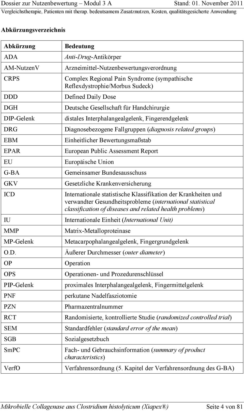 D DGH DIP-Gelenk DRG EBM EPAR EU G-BA GKV ICD IU MMP MP-Gelenk O.D. OP OPS PIP-Gelenk PNF PZN RCT SEM SGB SmPC VerfO Bedeutung Anti-Drug-Antikörper Arzneimittel-Nutzenbewertungsverordnung Complex