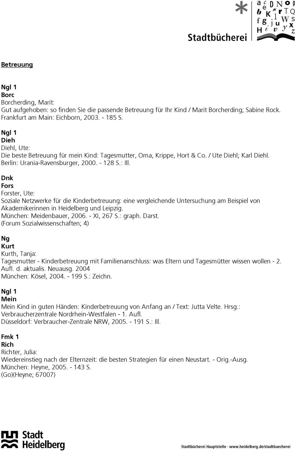Dnk Fors Forster, Ute: Soziale Netzwerke für die Kinderbetreuung: eine vergleichende Untersuchung am Beispiel von Akademikerinnen in Heidelberg und Leipzig. München: Meidenbauer, 2006. - XI, 267 S.