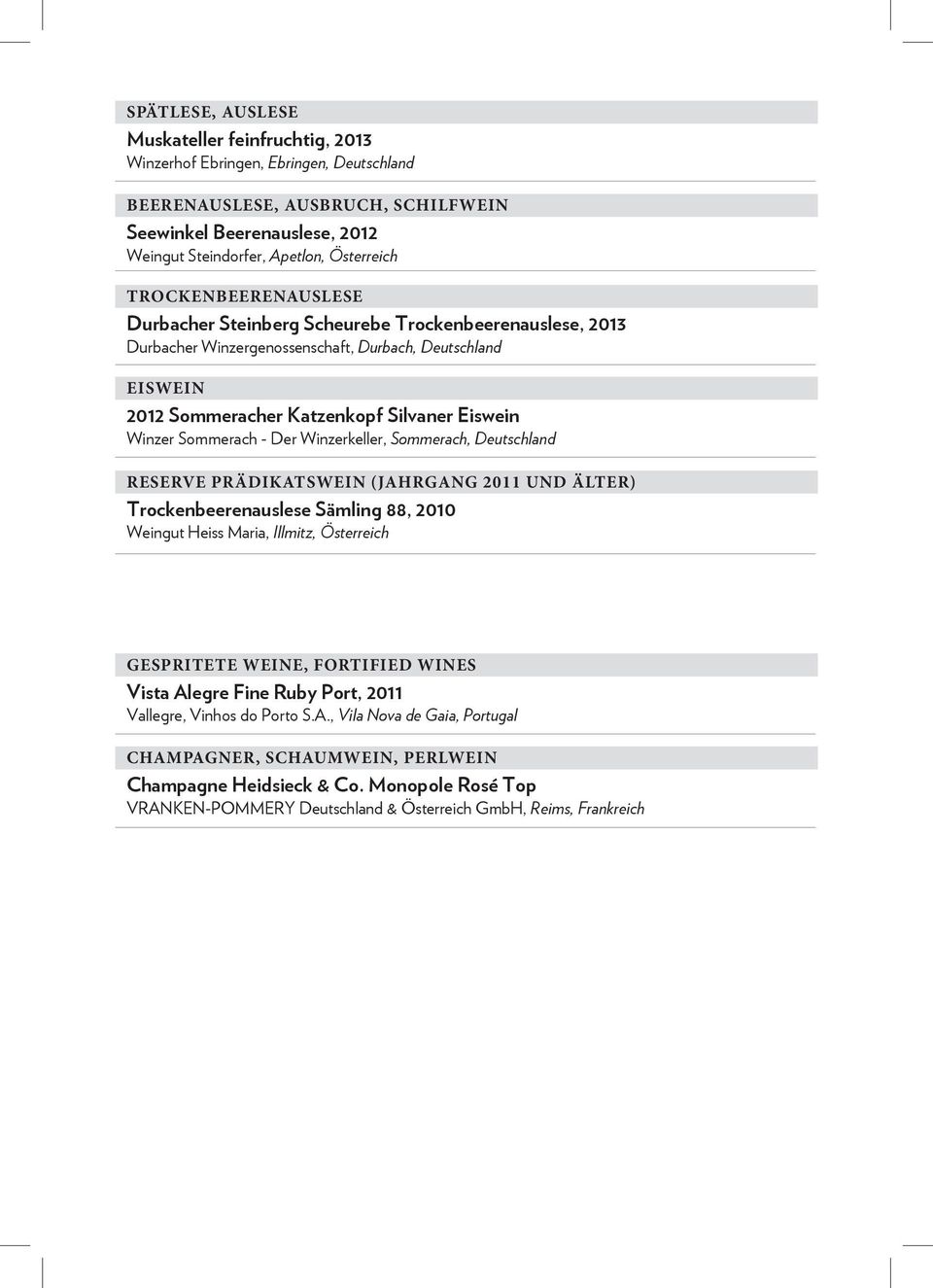 Sommerach - Der Winzerkeller, Sommerach, Deutschland RESERVE PRÄDIKATSWEIN (JAHRGANG 2011 UND ÄLTER) Trockenbeerenauslese Sämling 88, 2010 Weingut Heiss Maria, Illmitz, Österreich GESPRITETE WEINE,