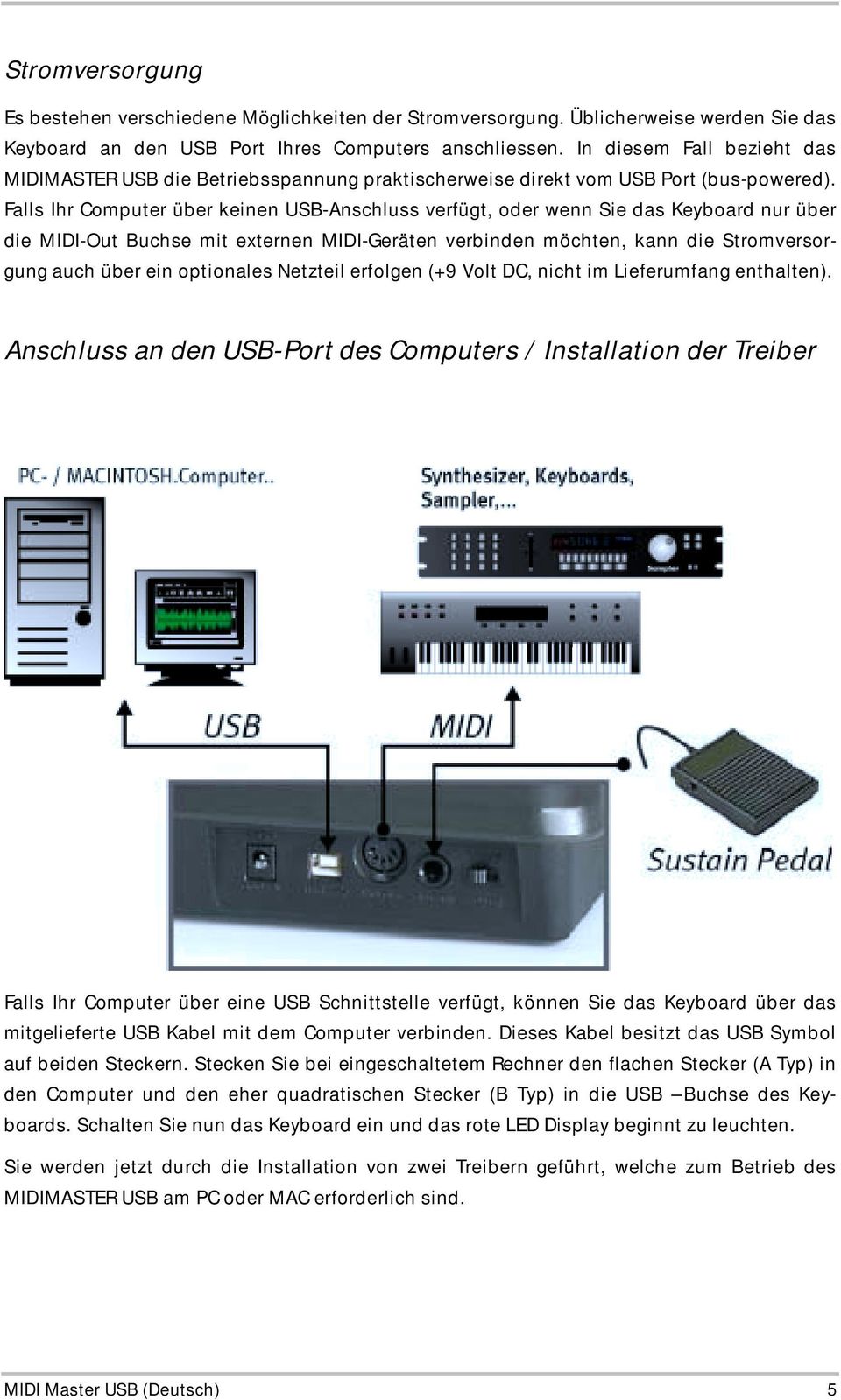 Falls Ihr Computer über keinen USB-Anschluss verfügt, oder wenn Sie das Keyboard nur über die MIDI-Out Buchse mit externen MIDI-Geräten verbinden möchten, kann die Stromversorgung auch über ein
