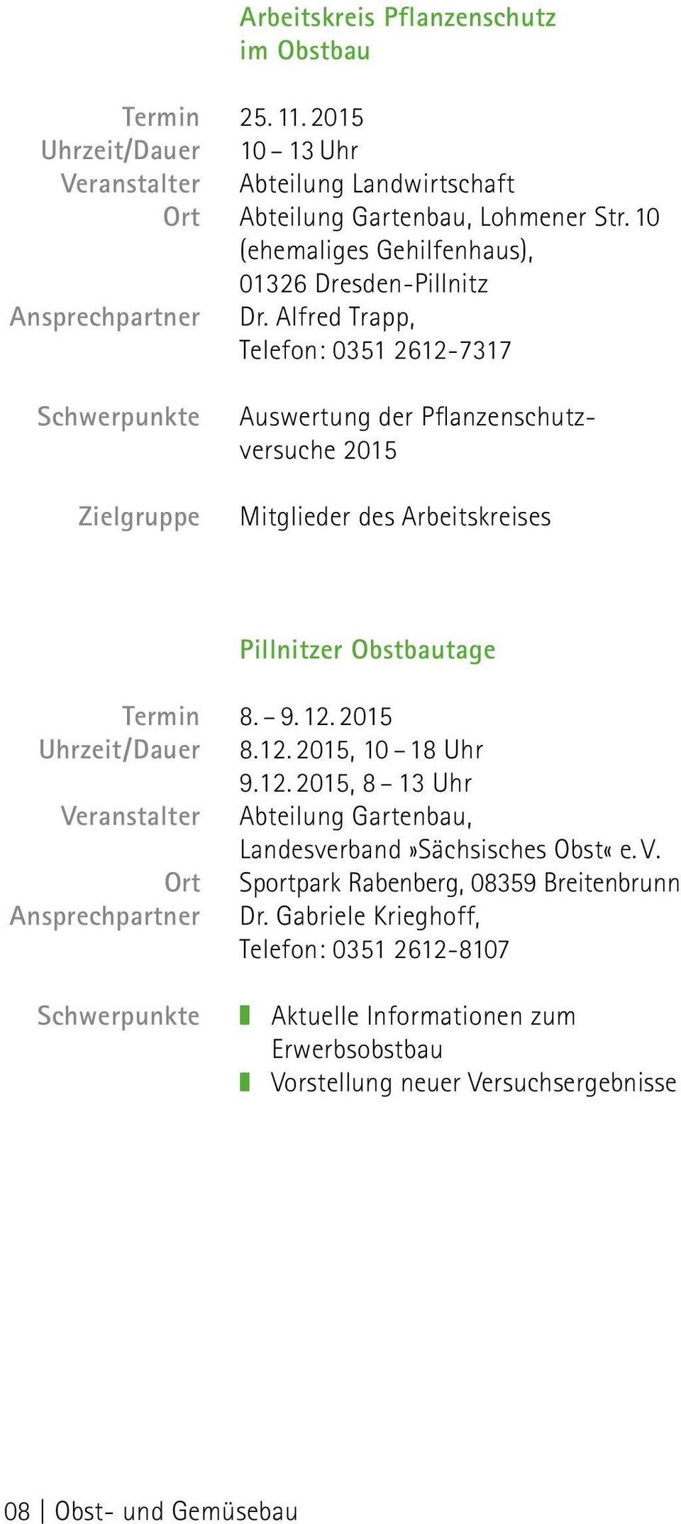 Alfred Trapp, Telefon: 0351 2612-7317 Zielgruppe Auswertung der Pflanzenschutzversuche 2015 Mitglieder des Arbeitskreises Pillnitzer Obstbautage Termin 8. 9. 12.