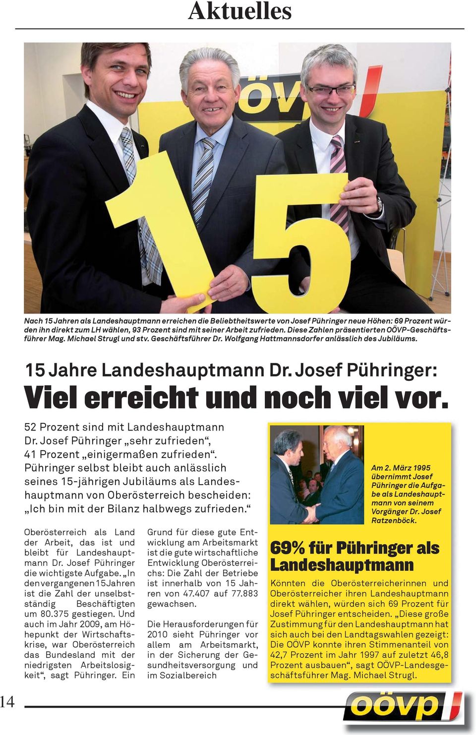 Josef Pühringer: Viel erreicht und noch viel vor. 52 Prozent sind mit Landeshauptmann Dr. Josef Pühringer sehr zufrieden, 41 Prozent einigermaßen zufrieden.